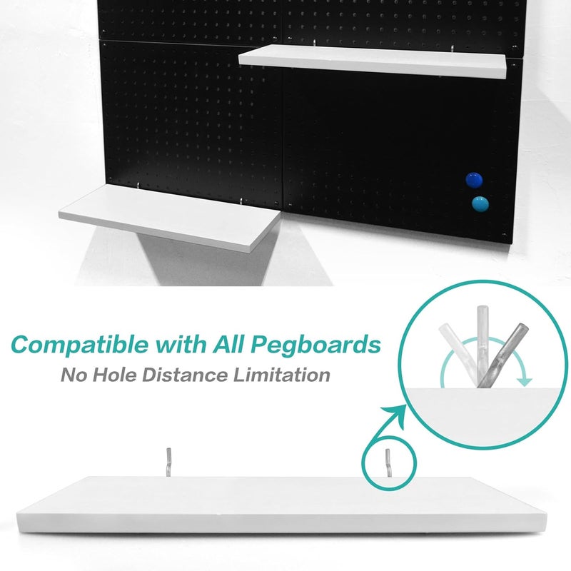 WOWKIT Pegboard Shelves, White 16" x 6" Large Peg Board Racks 2Pack Wall Organizer Shelf, 1/4 inch Heavy Duty Metal Brackets Fit All Pegboards, Wood Slats, Craft Garage Workbench Office Shelving Accessories - Image 5